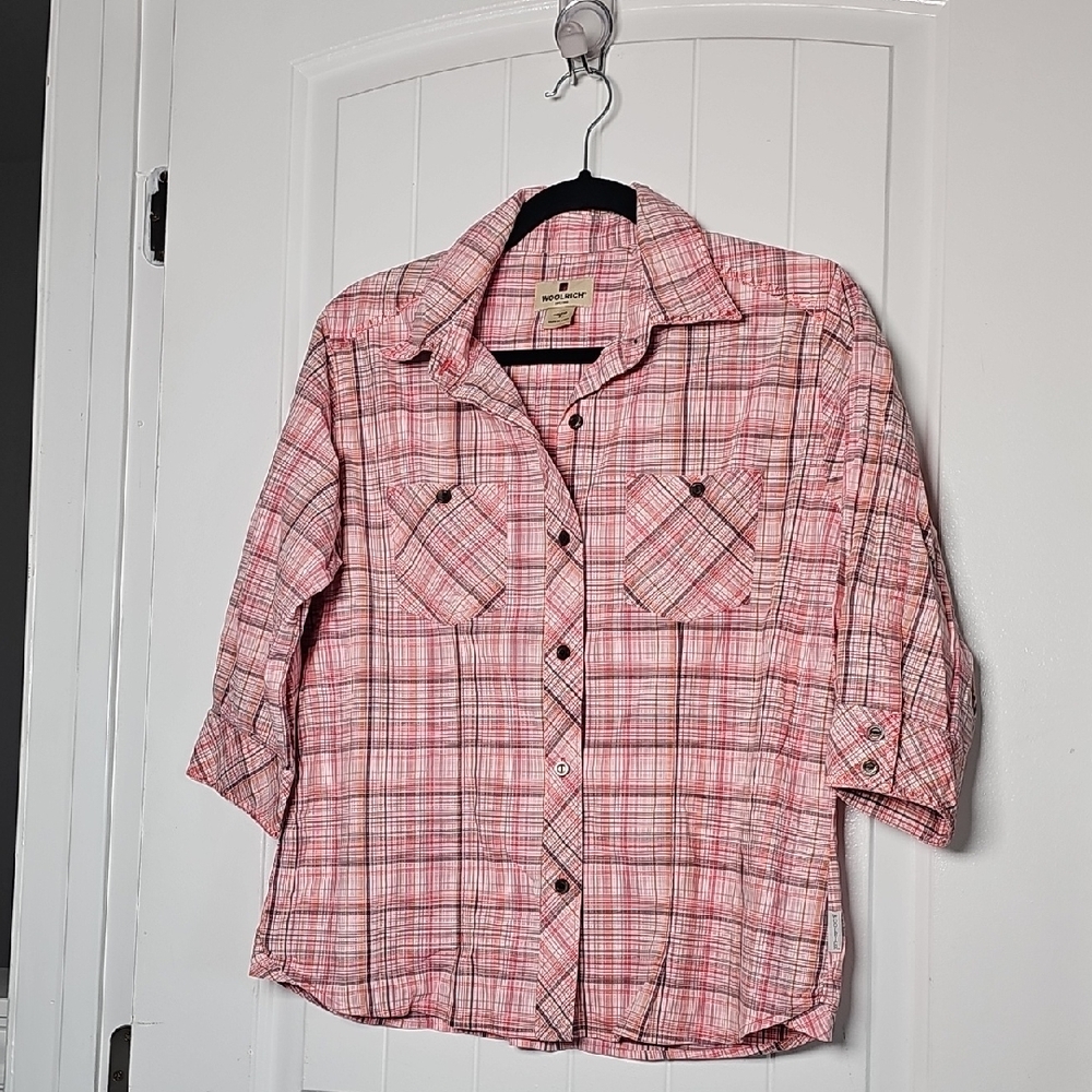 Woolrich Sm Casual Pink Plaid Shirt with Pockets, Half Sleeves